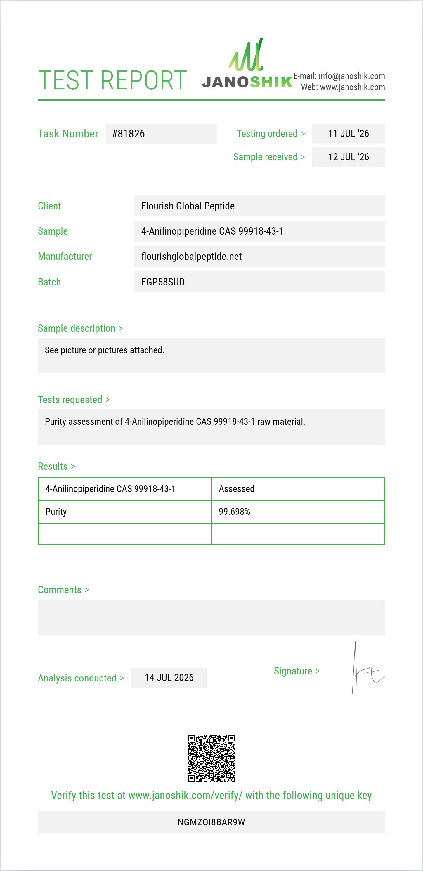 4-Anilinopiperidine CAS 99918-43-1 Purity (HPLC) report by Janoshik Analytical