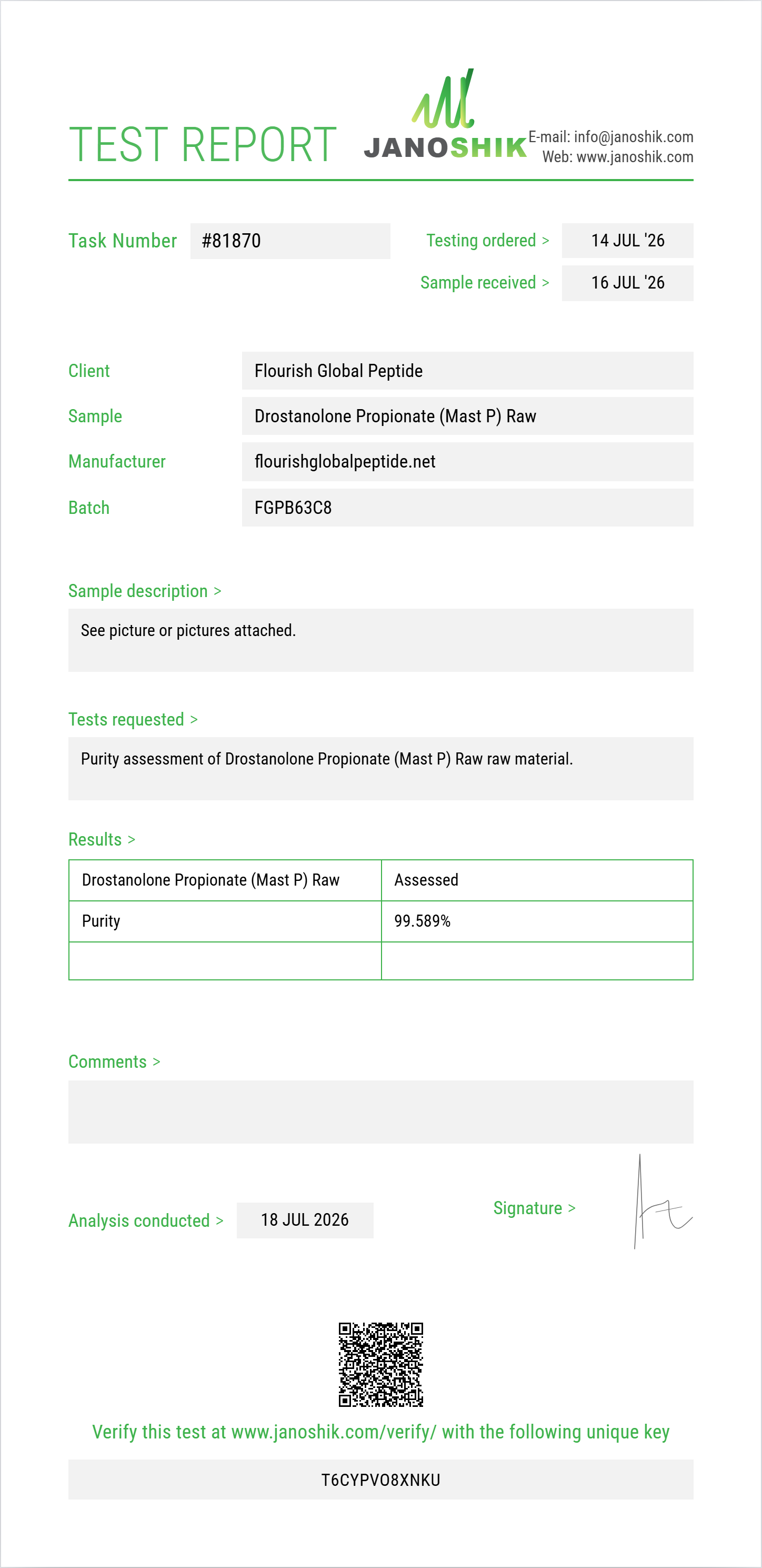 Drostanolone Propionate (Mast P) Raw Purity (HPLC) report by Janoshik Analytical