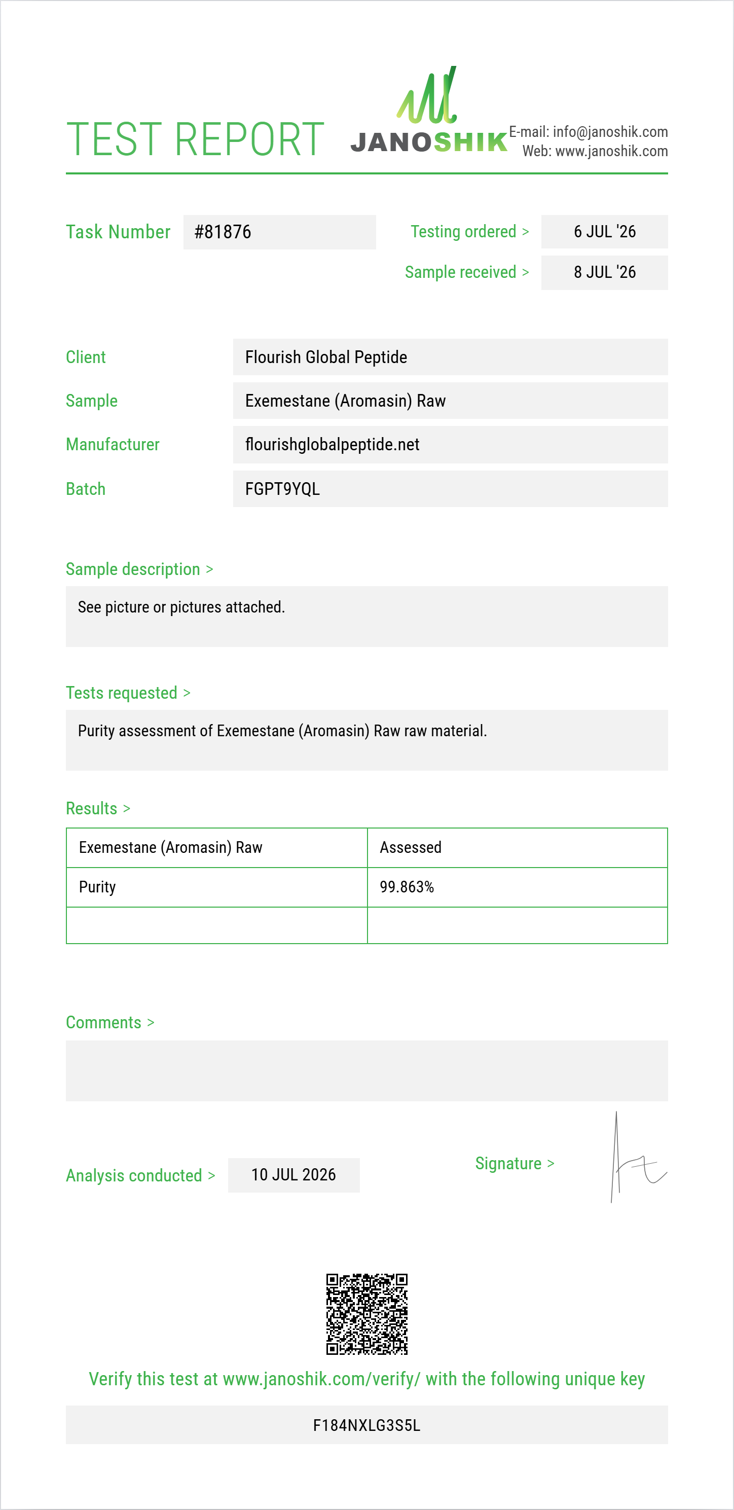 Exemestane (Aromasin) Raw Purity (HPLC) report by Janoshik Analytical