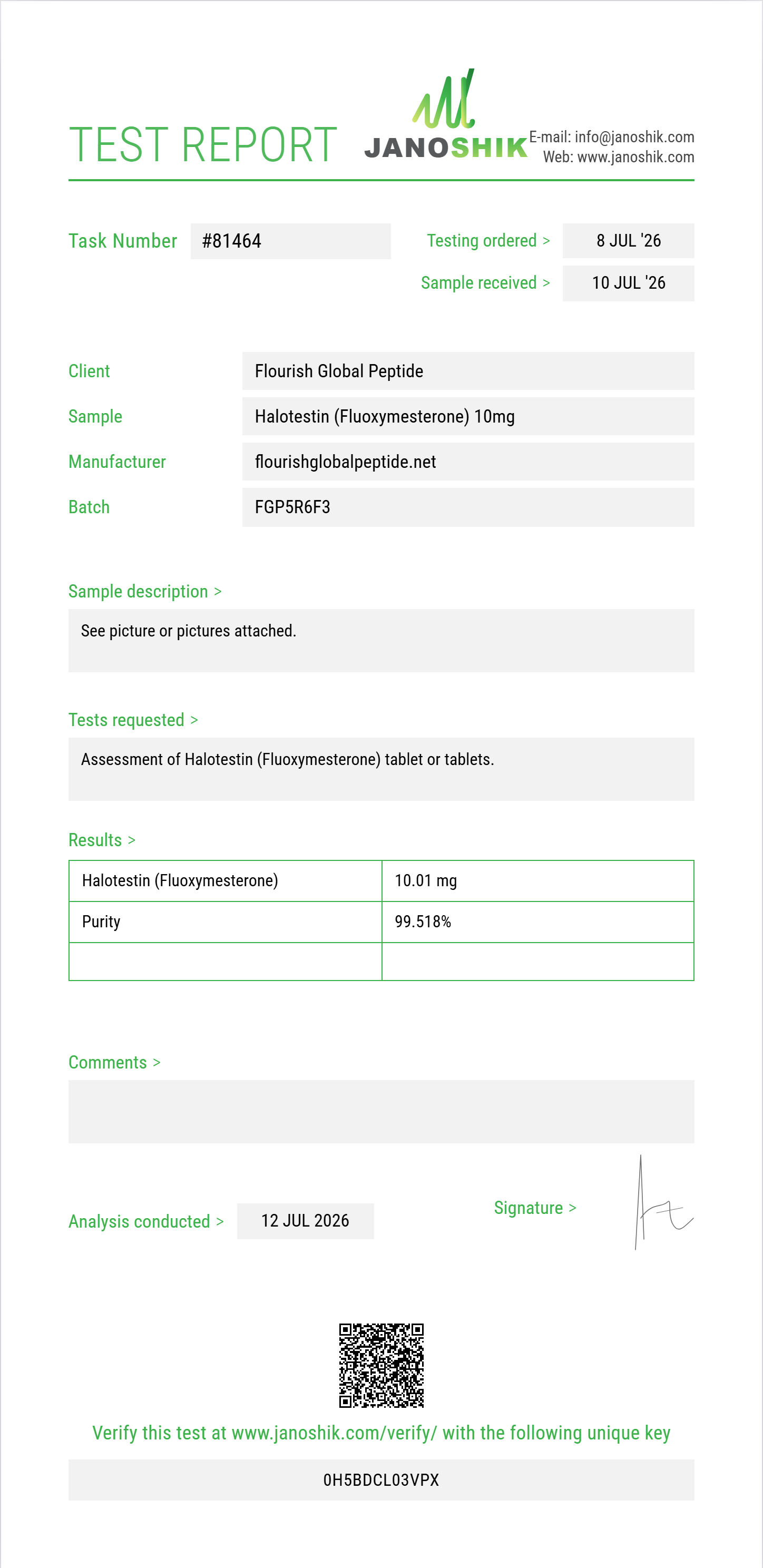 Halotestin (Fluoxymesterone) Purity (HPLC) report by Janoshik Analytical