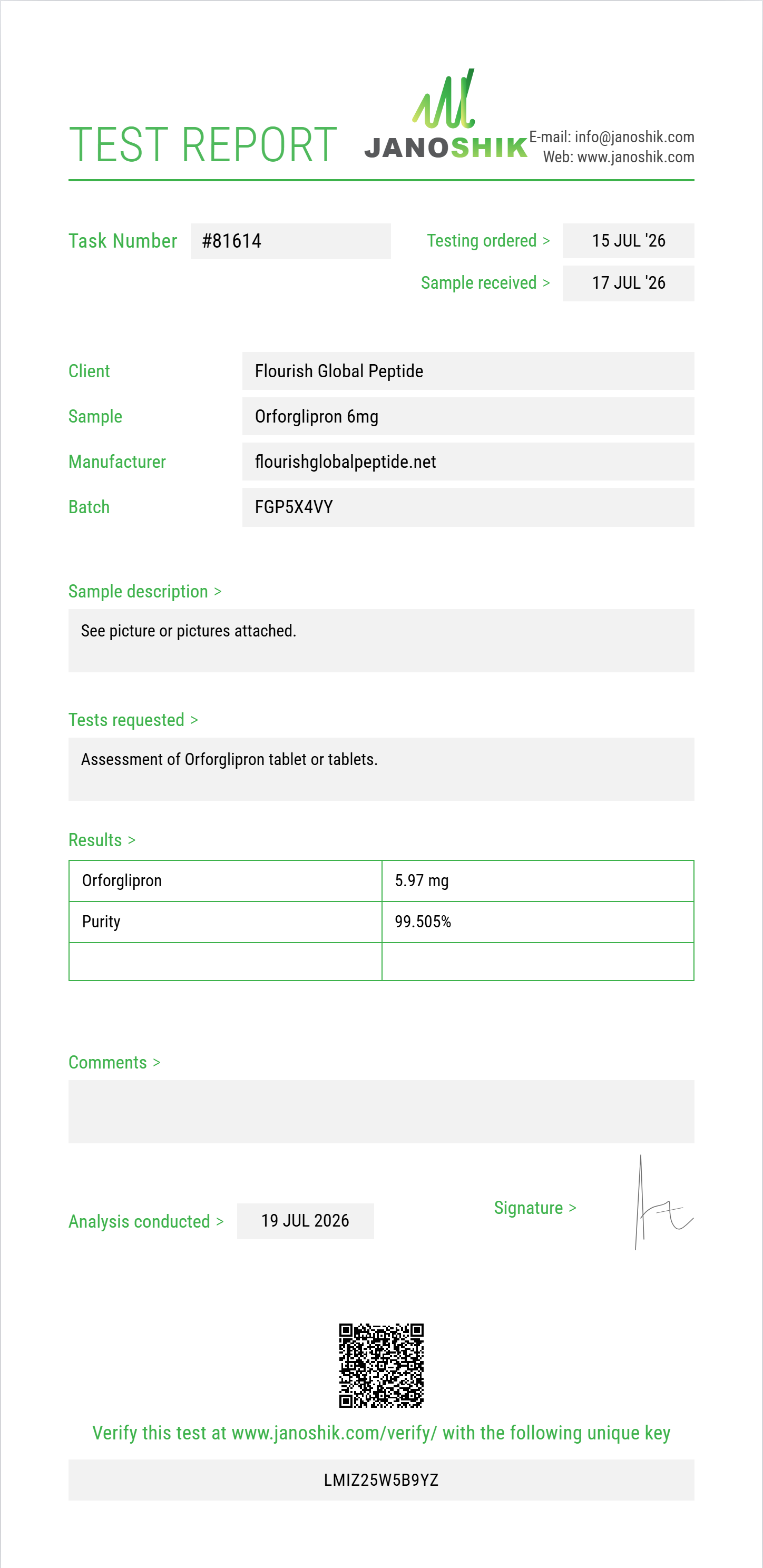 Orforglipron Purity (HPLC) report by Janoshik Analytical
