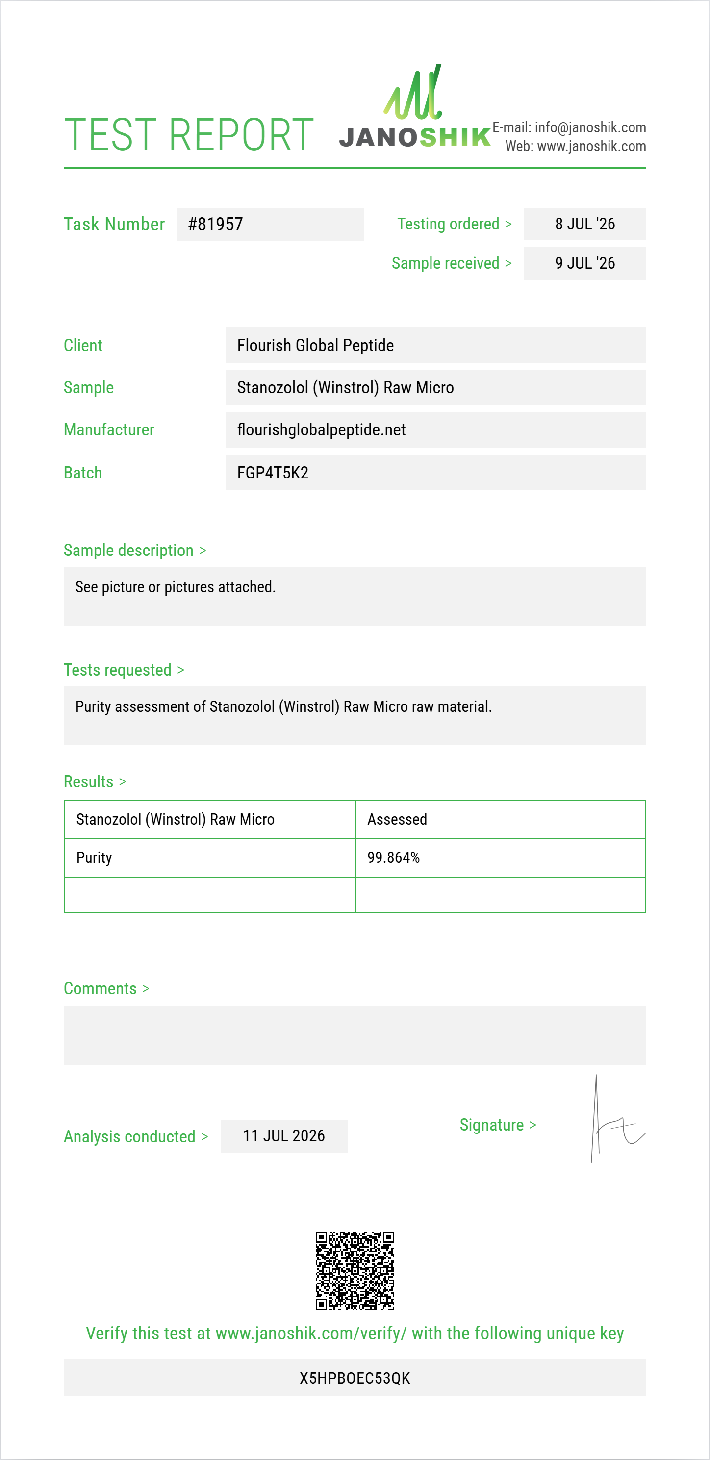 Stanozolol (Winstrol) Raw Purity (HPLC) report by Janoshik Analytical