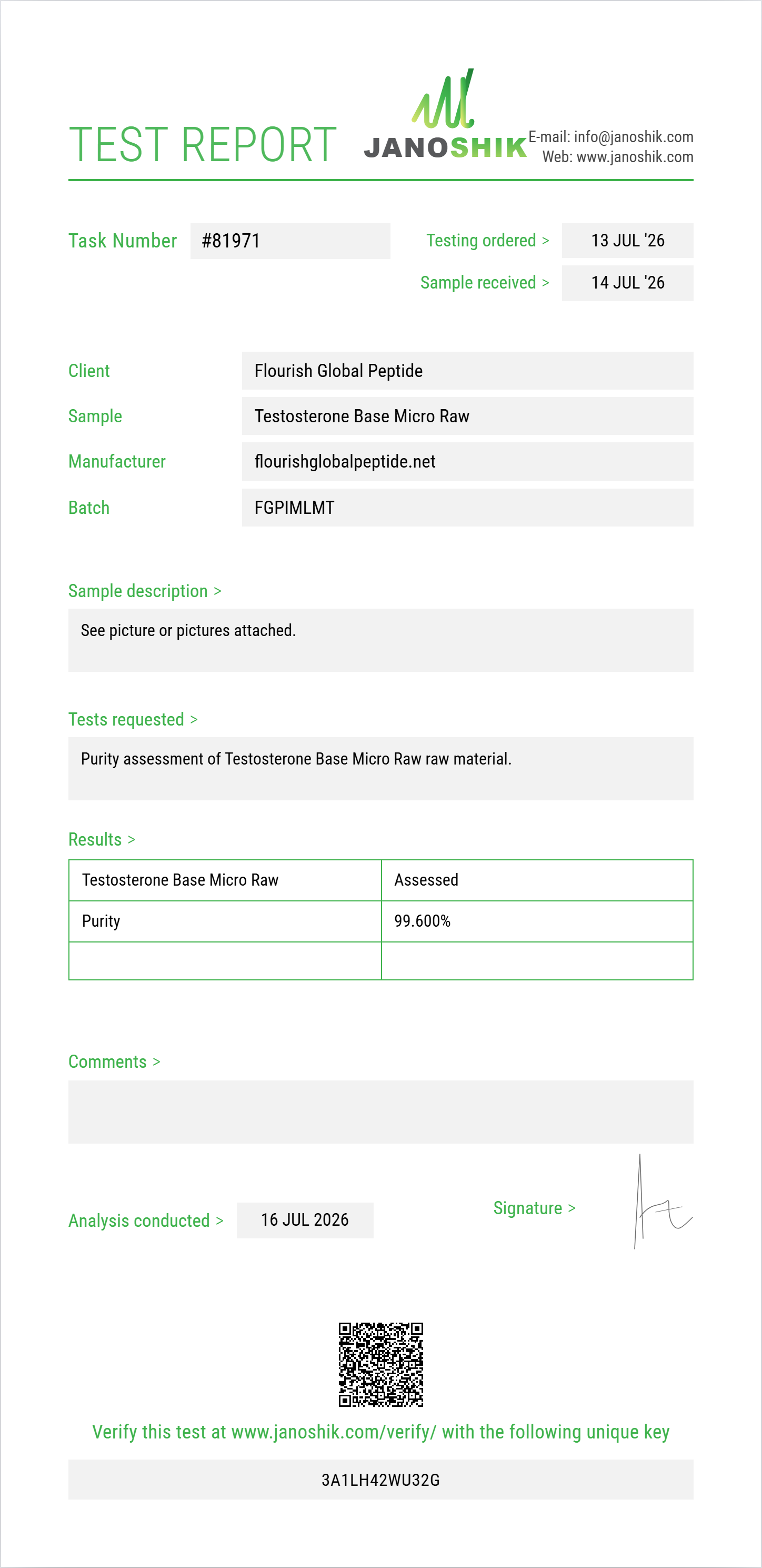 Testosterone Base Micro Raw Purity (HPLC) report by Janoshik Analytical