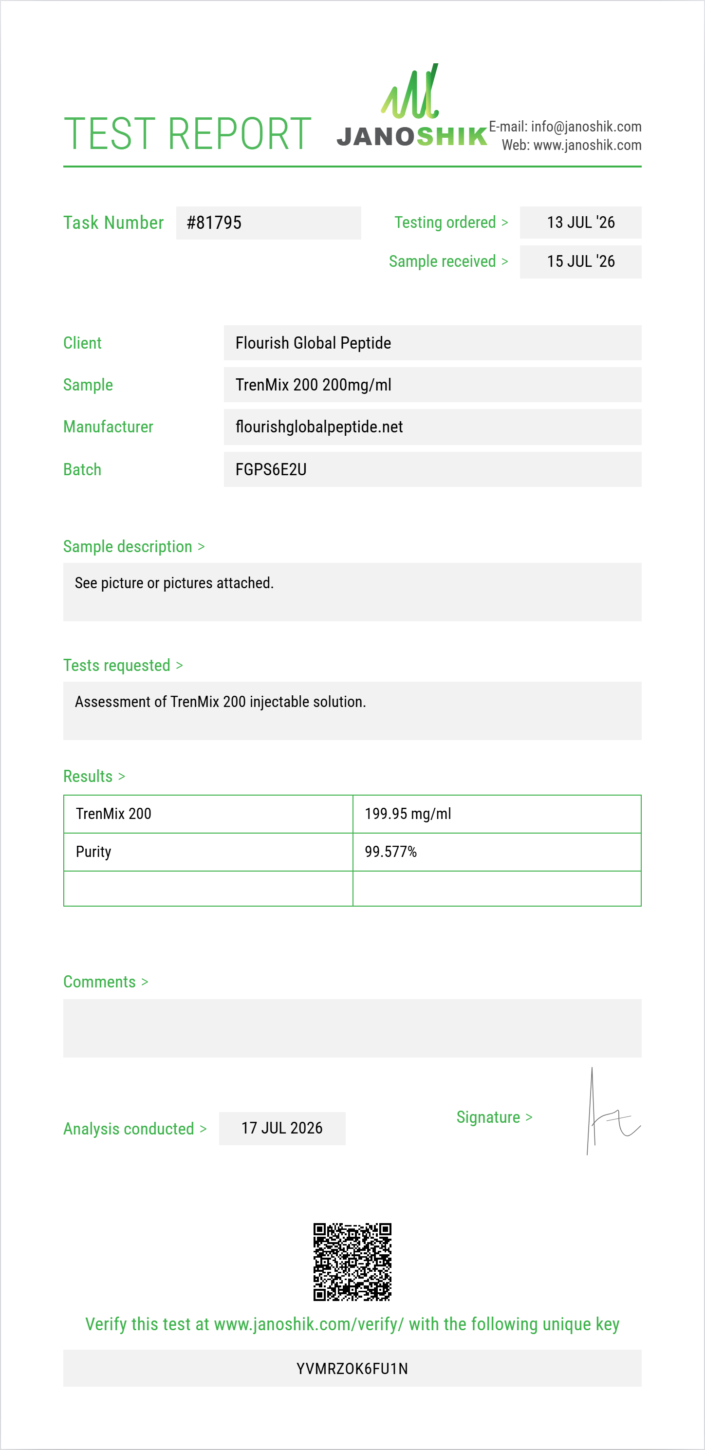 TrenMix 200 Purity (HPLC) report by Janoshik Analytical