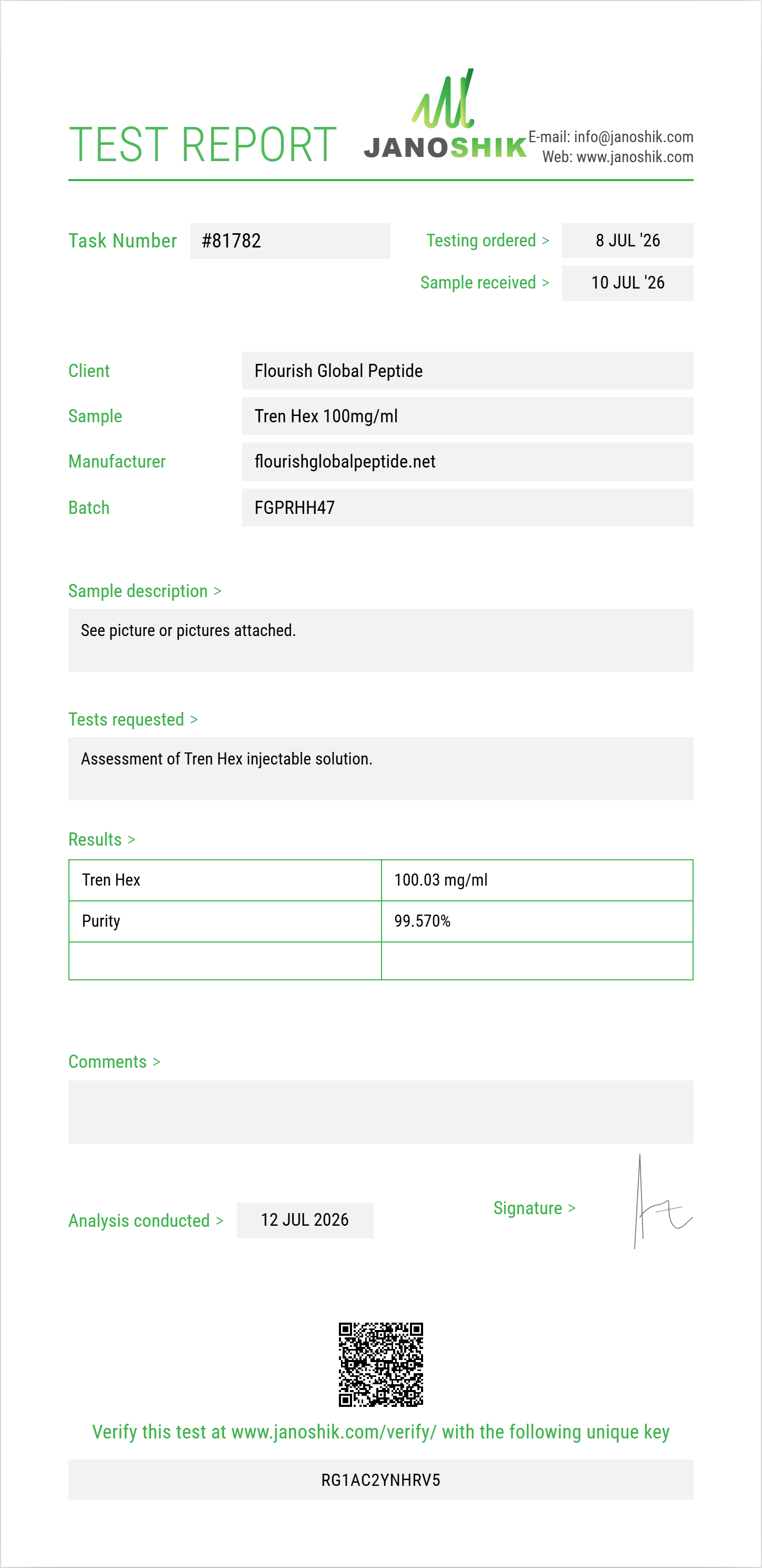 Tren Hex Purity (HPLC) report by Janoshik Analytical