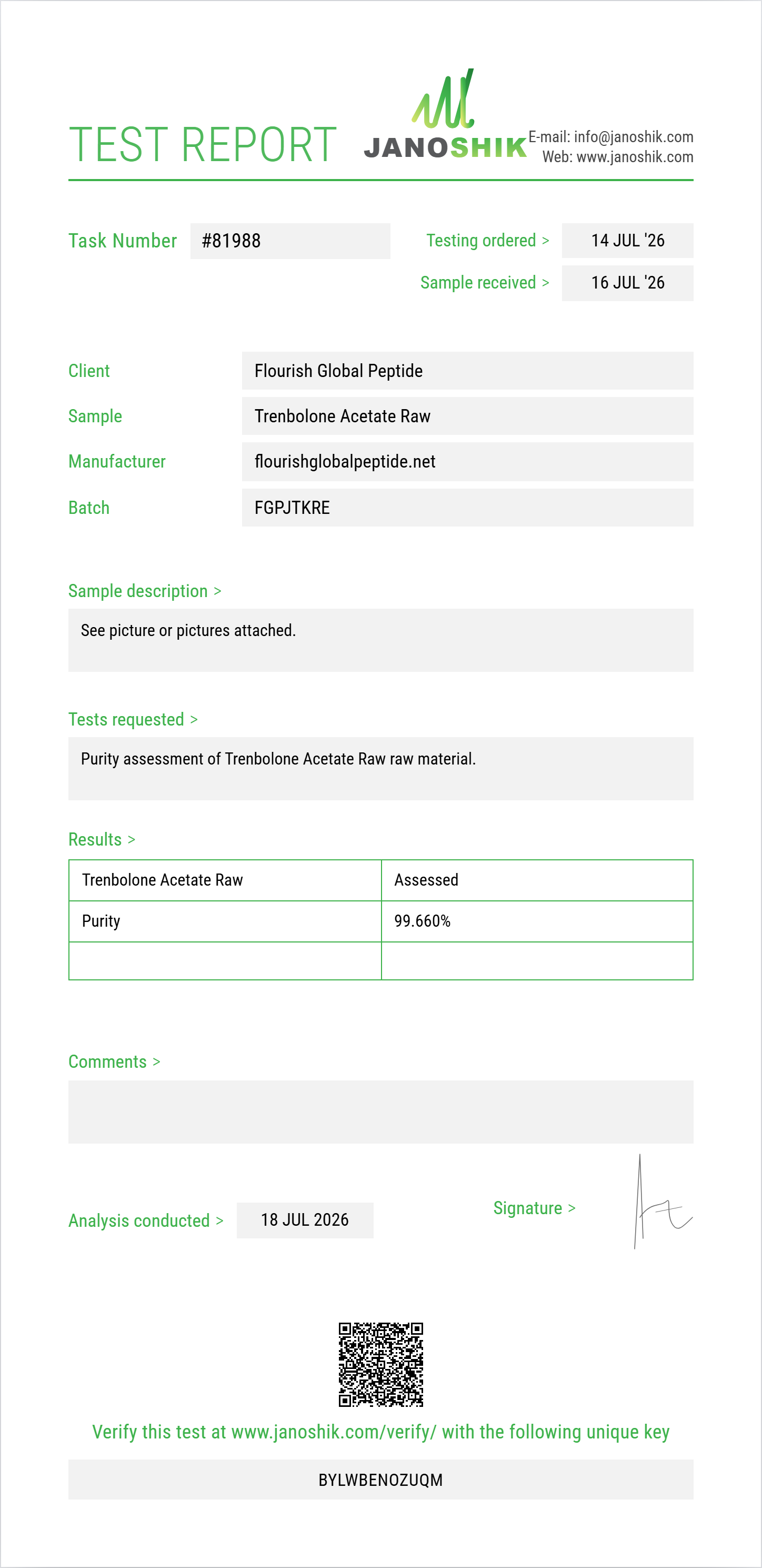 Trenbolone Acetate Raw Purity (HPLC) report by Janoshik Analytical