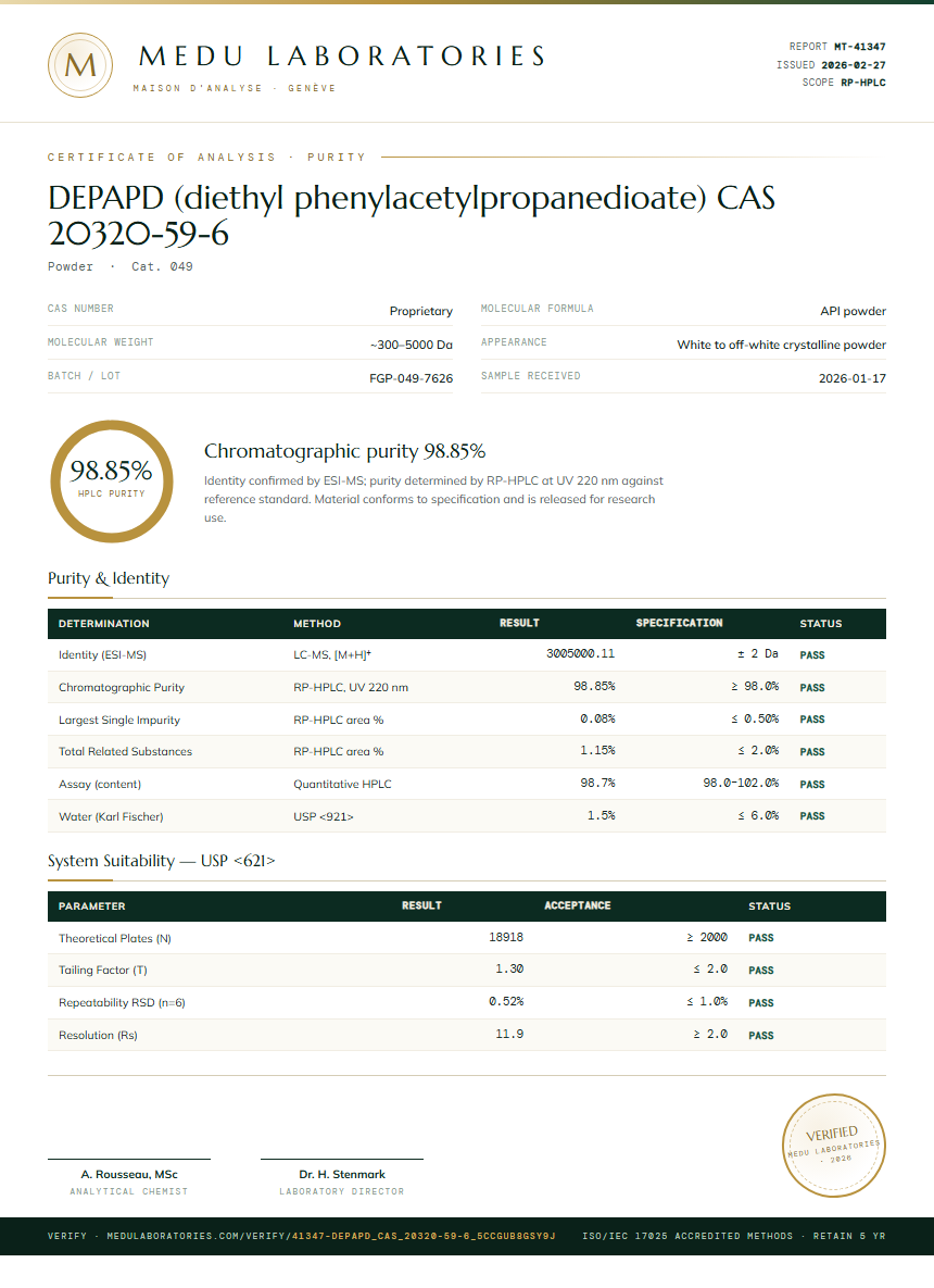 DEPAPD (diethyl phenylacetylpropanedioate) CAS 20320-59-6 Purity (HPLC) report by Medu Laboratories