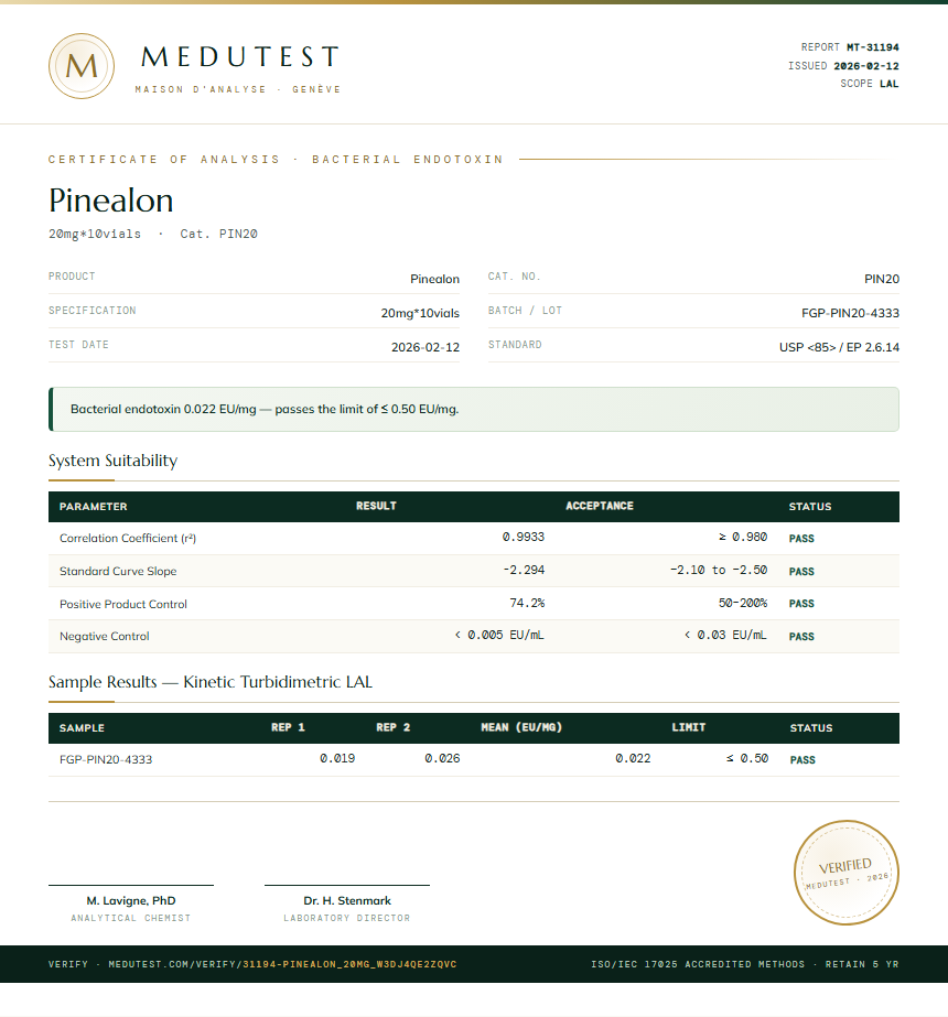 Pinealon Endotoxin report by Medutest