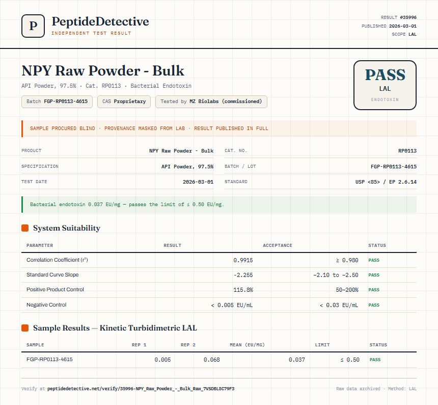 NPY Raw Powder - Bulk Endotoxin report by PeptideDetective