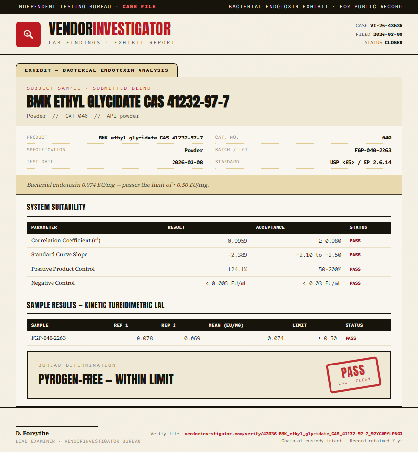 BMK ethyl glycidate CAS 41232-97-7 Endotoxin report by VendorInvestigator