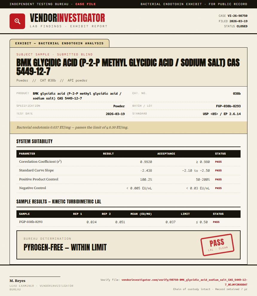 BMK glycidic acid (P-2-P methyl glycidic acid / sodium salt) CAS 5449-12-7 Endotoxin report by VendorInvestigator